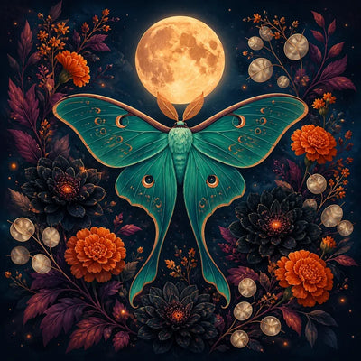 Diamond Painting of a green luna moth with a full moon and orange flowers.