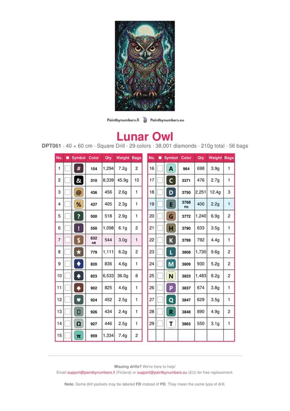 Lunar Owl diamond painting color chart – 29 DMC colors