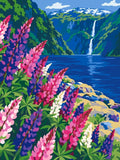 Thumbnail for Paint by numbers of lupins blooming on a fjord shore with a waterfall and snowy peaks behind