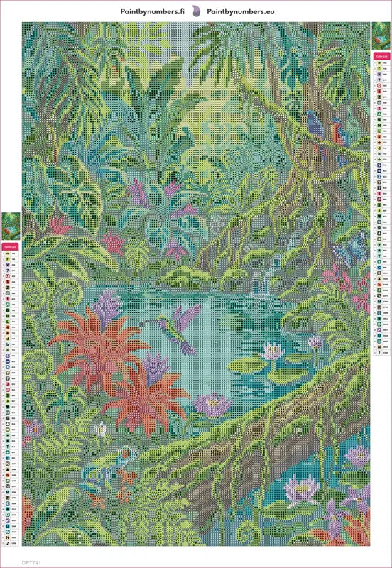 Diamond painting adhesive canvas preview - Lush Jungle Pond Wildlife