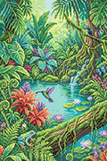 Miniatyrbild: Diamond painting-motiv med en turkos djungeldamm med en kolibri, grodor och färgglada blommor