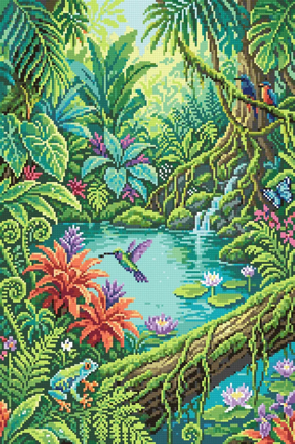 Lush Jungle Pond Wildlife, 40x60 cm diamond painting – finished design preview
