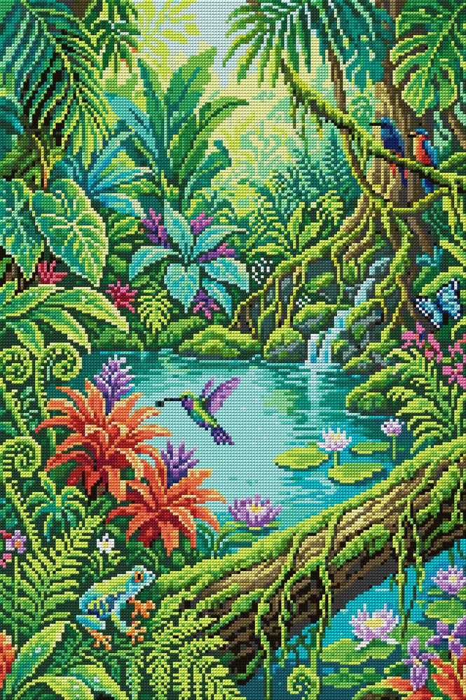 Lush Jungle Pond Wildlife, 40x60 cm diamond painting – full design preview without the close-up inset