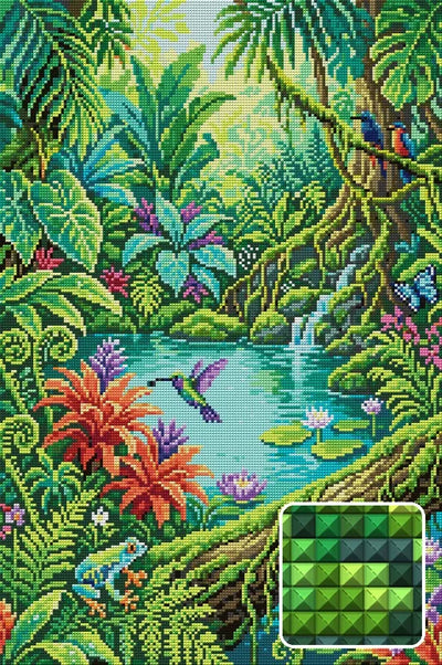 Lush Jungle Pond Wildlife, 40x60 cm diamond painting – finished design preview with a close-up of square drills