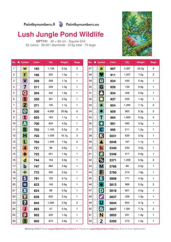 DMC color chart for Lush Jungle Pond Wildlife diamond painting - 52 colors
