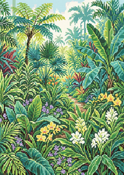 Diamond painting-motiv med en djungelstig omgiven av tropiska växter och färgglada blommor