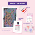 Thumbnail for What is included in the Lynx Starlight diamond painting kit - adhesive canvas, reference sheet, tools and numbered drill bags