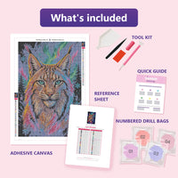 Thumbnail for What is included in the Lynx Starlight diamond painting kit - adhesive canvas, reference sheet, tools and numbered drill bags
