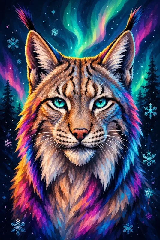 Diamond Painting of a lynx surrounded by northern lights and a colorful winter landscape.
