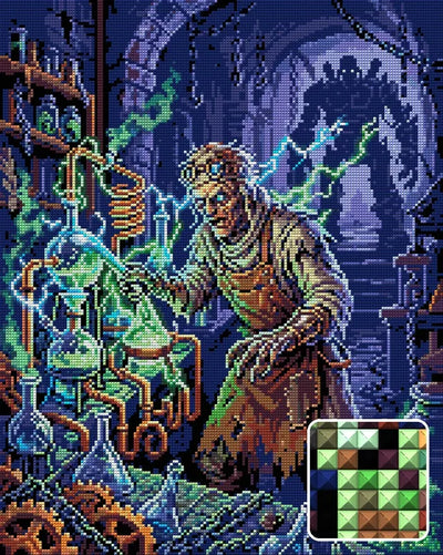 Mad Scientist Laboratory, 40x50 cm diamond painting – finished design preview with a close-up of square drills