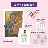 Thumbnail for Madonna and Child 40x60cm diamond painting kit contents: adhesive canvas, color chart, tools and diamond bags