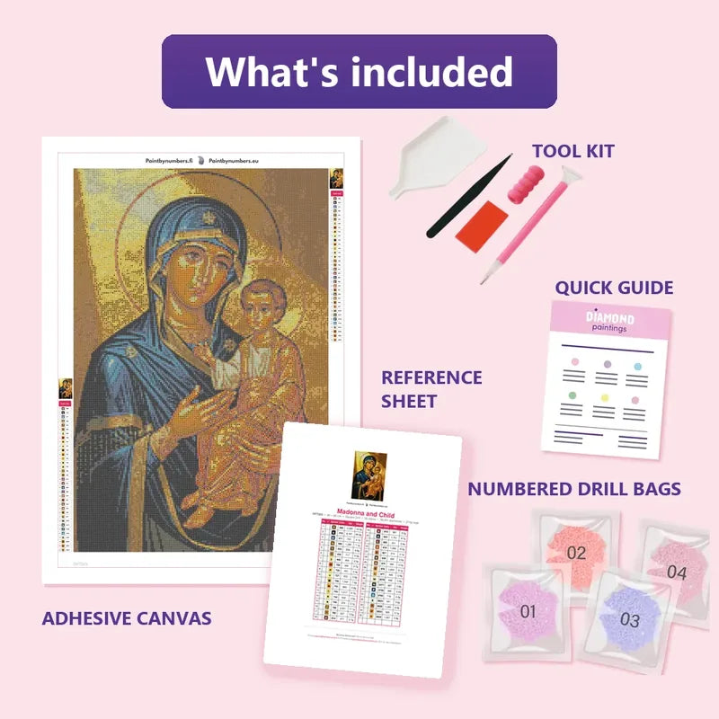Madonna and Child 40x60cm diamond painting kit contents: adhesive canvas, color chart, tools and diamond bags
