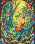 Miniatyrbild: En röd panda sträcker tassen mot en fågel och bär i en grön skog