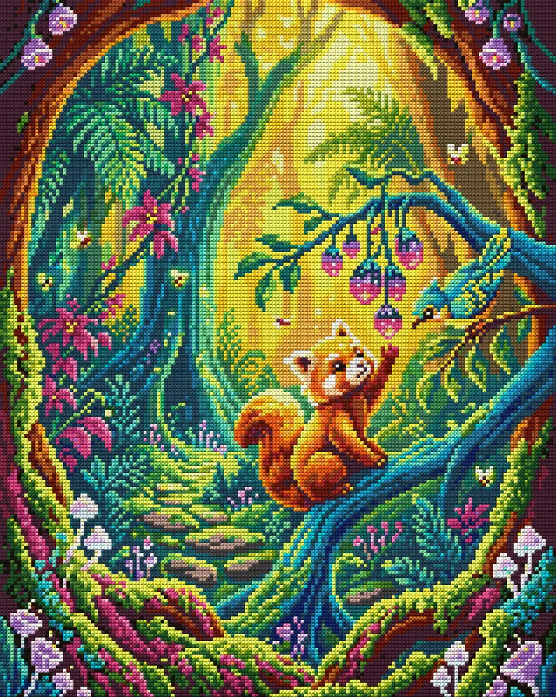 Magical Forest Red Panda, 40x50 cm diamond painting – full design preview without the close-up inset