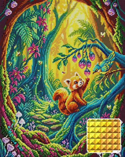 Magical Forest Red Panda, 40x50 cm diamond painting – finished design preview with a close-up of square drills