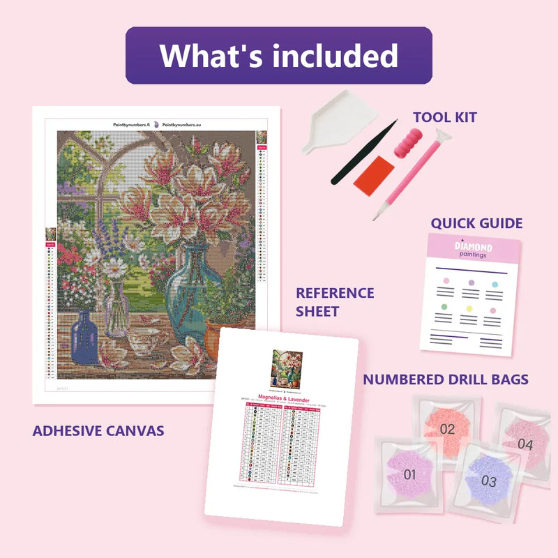 What is included in the Magnolias & Lavender diamond painting kit - adhesive canvas, reference sheet, tools and numbered drill bags