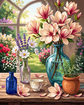 Thumbnail for Diamond Painting still life with magnolias, flower vases, teacup, and garden background.