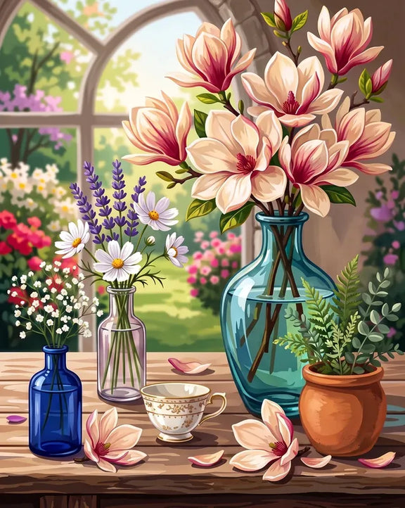 Diamond Painting still life with magnolias, flower vases, teacup, and garden background.