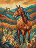 Miniatyrbild: Diamond painting-motiv med en brun häst på en äng med kullar och en ruin i bakgrunden