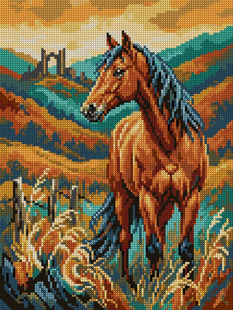 Majestic Horse in Autumn Hills, 30x40 cm diamond painting – full design preview without the close-up inset