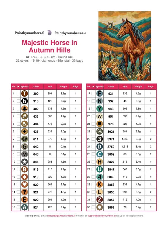 DMC color chart for Majestic Horse in Autumn Hills diamond painting - 32 colors