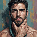 Thumbnail for Diamond painting of a modern portrait of a man, strong gaze and abstract background.