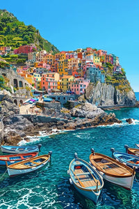 Thumbnail for Diamond painting of a colorful coastal village, where pastel houses rise on the cliffs and boats float on the turquoise sea.