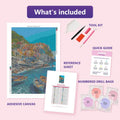 Thumbnail for Manarola Coast 60x90cm diamond painting kit contents: adhesive canvas, color chart, tools and diamond bags