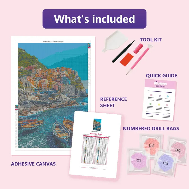 Manarola Coast 60x90cm diamond painting kit contents: adhesive canvas, color chart, tools and diamond bags