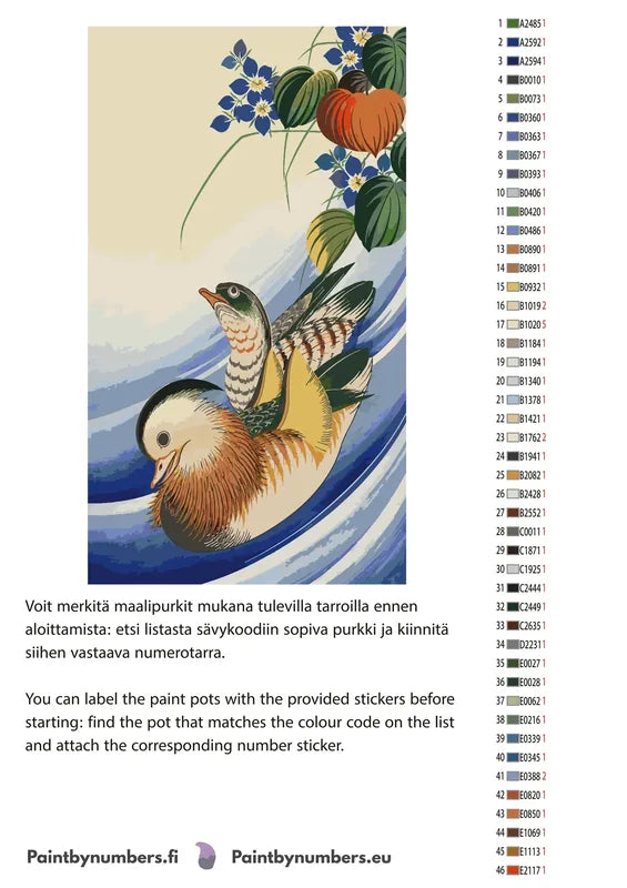 Paint color chart and instructions - Mandarin Ducks and Flowering Plants 40x70cm