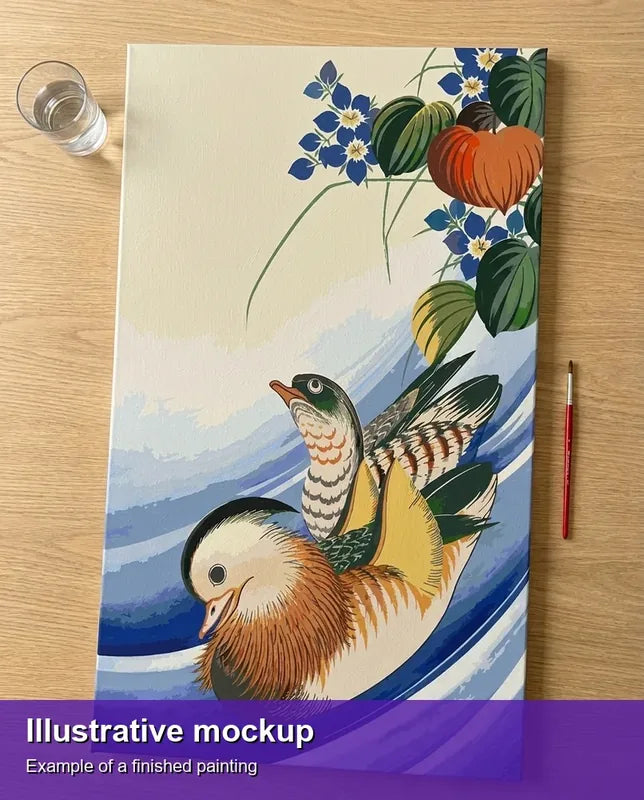 Finished paint by numbers mockup - Mandarin Ducks and Flowering Plants 40x70cm