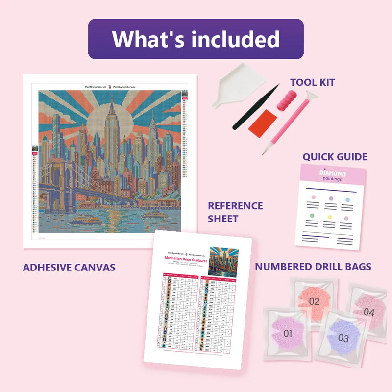 What is included in the Manhattan Deco Sunburst diamond painting kit - adhesive canvas, reference sheet, tools and numbered drill bags