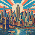 Miniatyrbild: Förhandsvisning: Manhattans skyskrapor, breda solstrålar och Brooklyn Bridge i art deco-stil
