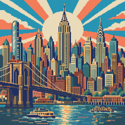Förhandsvisning: Manhattans skyskrapor, breda solstrålar och Brooklyn Bridge i art deco-stil