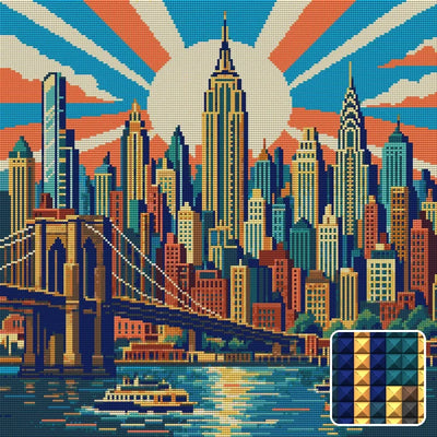 Manhattan Deco Sunburst, 50x50 cm diamond painting – finished design preview with a close-up of square drills