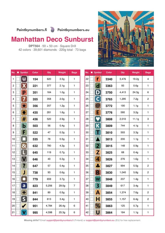 DMC color chart for Manhattan Deco Sunburst diamond painting - 42 colors