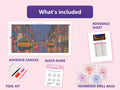 Thumbnail for Manhattan Street 100x50cm diamond painting kit contents: adhesive canvas, color chart, tools and diamond bags