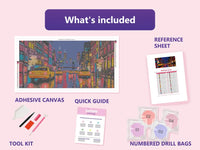 Thumbnail for Manhattan Street 100x50cm diamond painting kit contents: adhesive canvas, color chart, tools and diamond bags