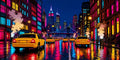 Thumbnail for Diamond painting of a neon-colored city street, yellow taxis and colorful skyscrapers at night.