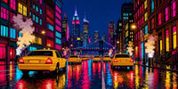 Thumbnail for Diamond painting of a neon-colored city street, yellow taxis and colorful skyscrapers at night.