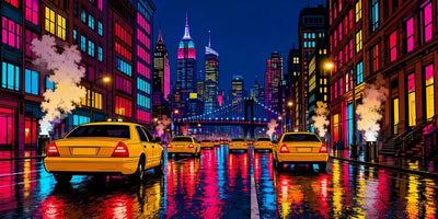 Diamond painting of a neon-colored city street, yellow taxis and colorful skyscrapers at night.