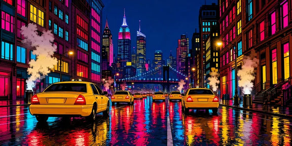 Diamond painting of a neon-colored city street, yellow taxis and colorful skyscrapers at night.