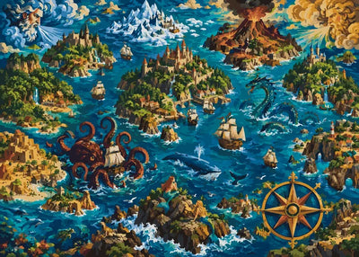 Fantasy map with islands, ships, and sea monsters paint by numbers.