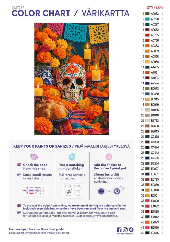 Paint color chart and instructions - Marigolds and Candles 40x60cm