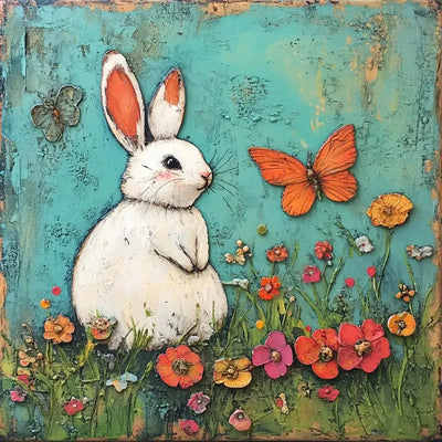 Meadow Bunny diamond painting: white rabbit in a wildflower meadow surrounded by butterflies
