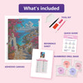 Thumbnail for What is included in the Mediterranean Steps diamond painting kit - adhesive canvas, reference sheet, tools and numbered drill bags