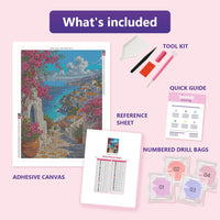 Thumbnail for What is included in the Mediterranean Steps diamond painting kit - adhesive canvas, reference sheet, tools and numbered drill bags