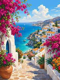 Thumbnail for Diamond Painting of a Mediterranean village with white houses and blue sea.
