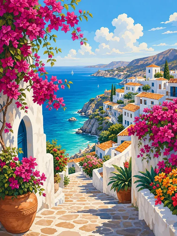 Diamond Painting of a Mediterranean village with white houses and blue sea.