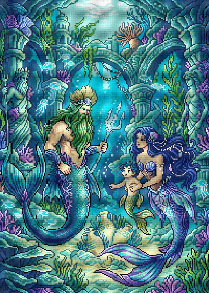 Mermaid Family Underwater Kingdom, 50x70 cm diamond painting – full design preview without the close-up inset